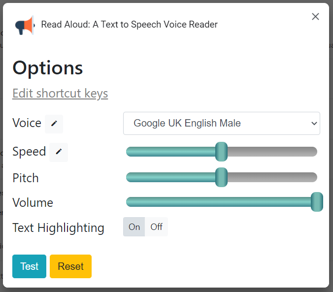 An image showing additional settings such as voice selection, speed, pitch, volume and text highlighting on/off options. 