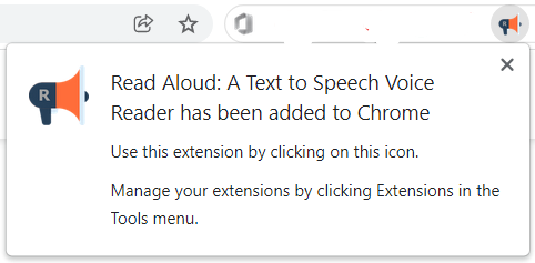 An image that shows the pop-up window informing you on how to use the extension. 

It tells you that if you click the megaphone icon that you will activate the extension so you can use it on any site, including 'Let's Grow!'. 