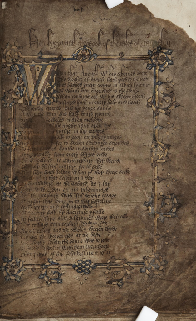 Title page of Geoffrey Chaucer’s Canterbury Tales. Possibly in the hand of his personal scribe Adam Pinkhurst. National Library of Wales.
